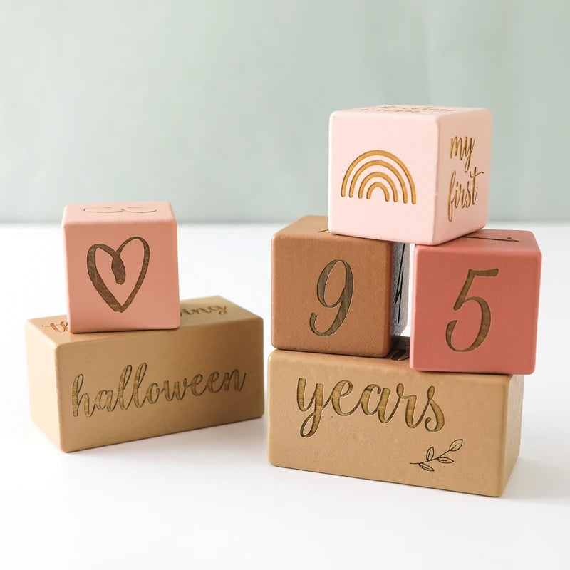 Baby Wooden Milestone Blocks 0-12 Months Newborn Birth Grow up High Quality Commemorate Props Infant Photography Accessoriees