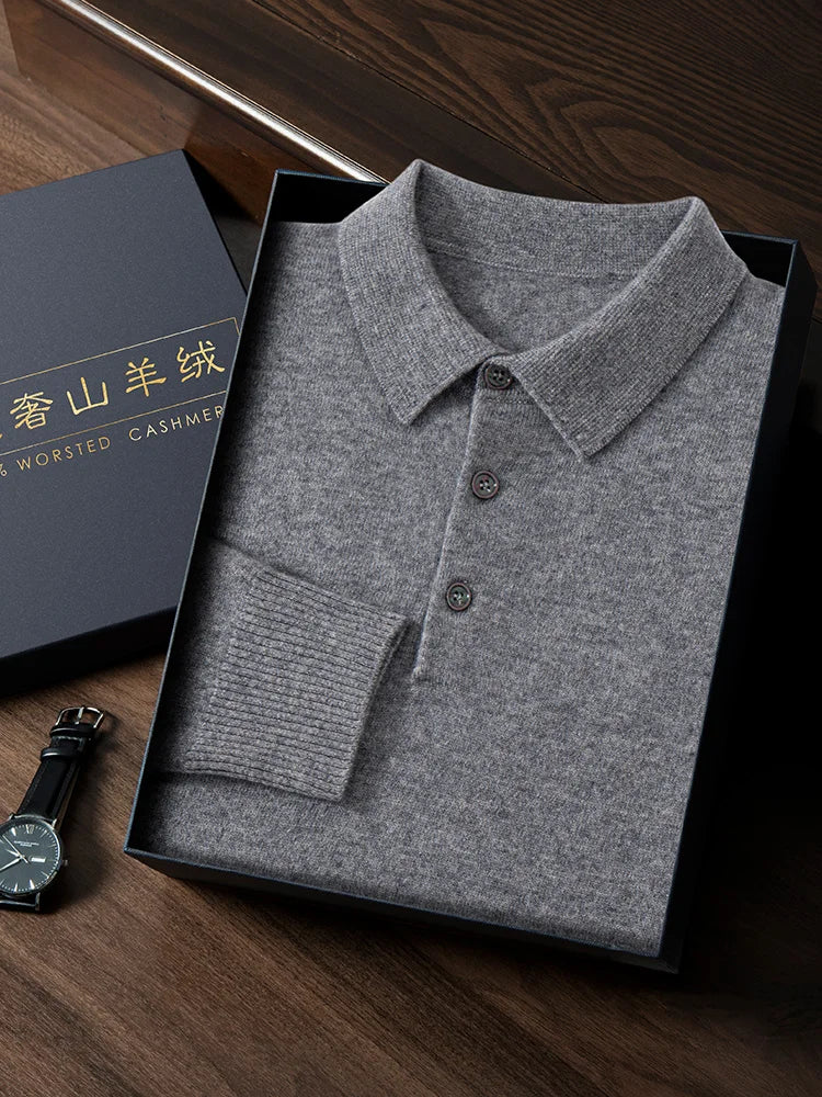 ANGEL 2024 Men's New POLO Shirt 100% Cashmere Knitted Pullover Solid Color Sweater Fall Winter Casual Business Office Jacket