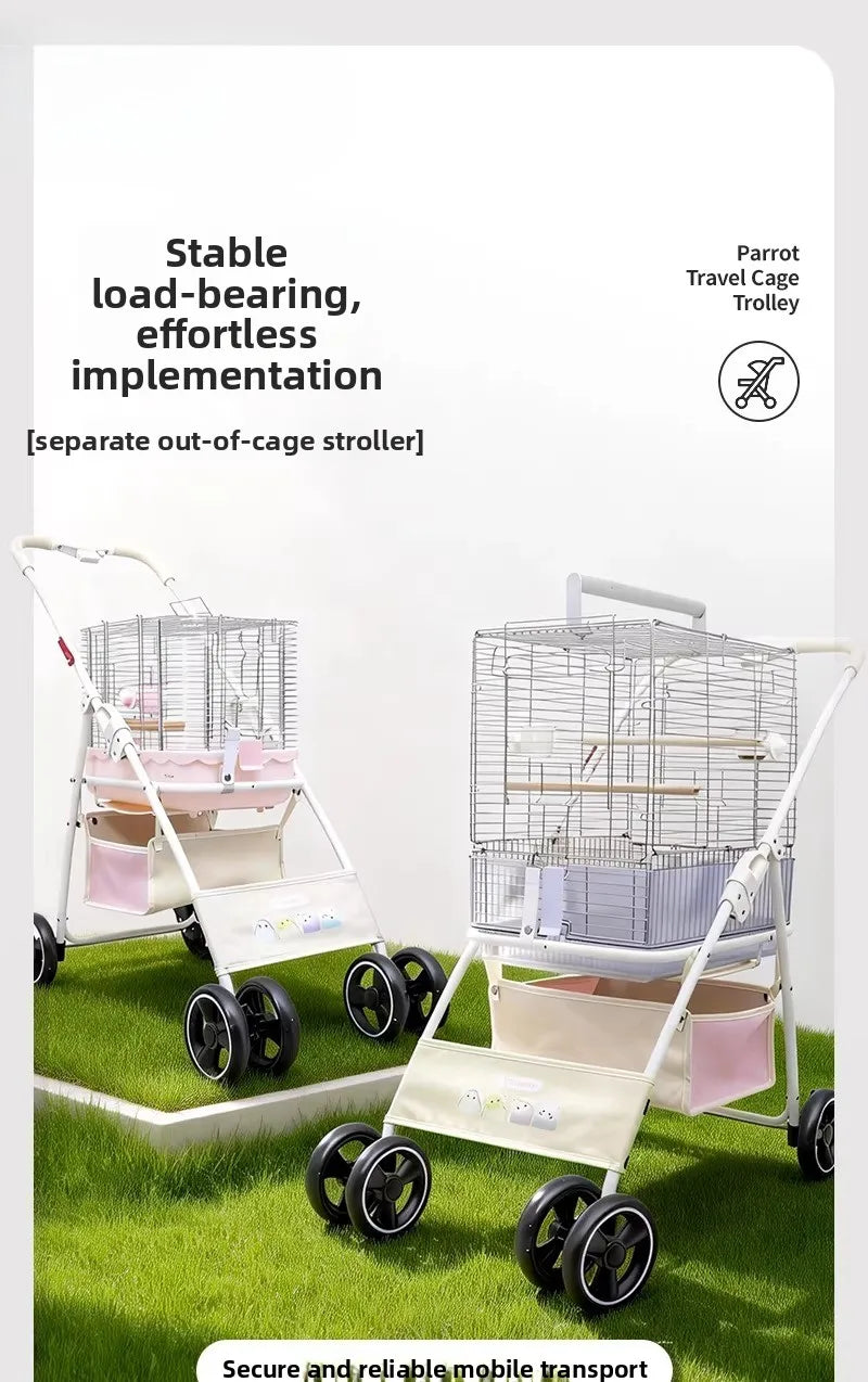 Foldable Lightweight Parrot Stroller Outdoor Travel Pet Carrier with Storage Space