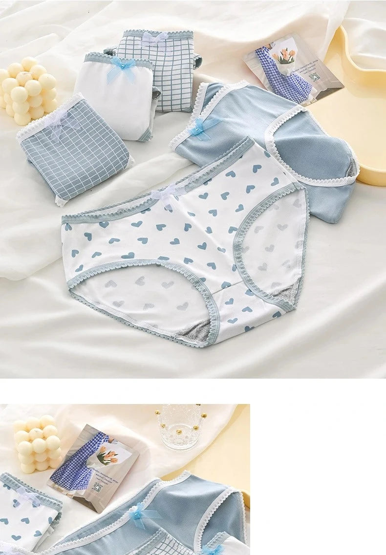 5pcs Women’s Soft Breathable Briefs Heart Plaid Print Panties Comfortable Intimates for Daily Wear