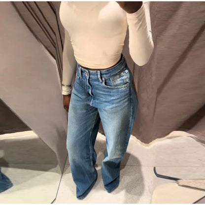 Female Vintage Leather Pocket Jeans Women Blue Zipper Straight Loose Trousers Lady New Fashion Daily Casual Spring Pants 2026