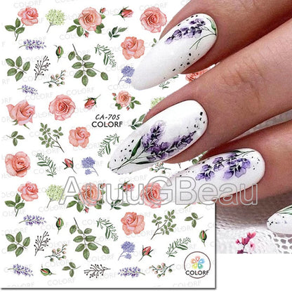 3d Nails Art Decals Spring Fruits Pink Full Tips Peony Magnolia Flowers Adhesive Sliders Stickers Decoration For Nails Manicure