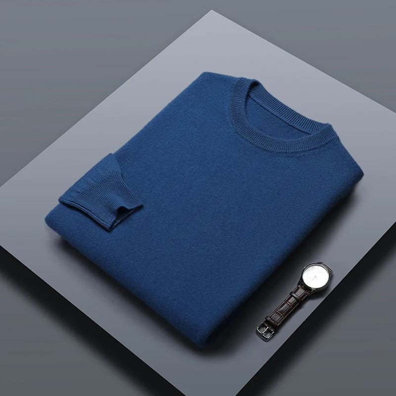 Classic Solid Color Men's O-neck Sweater Autumn Winter 100% Merino Wool Knitted Pullover Long Sleeve Warm Loose Casual Men Tops