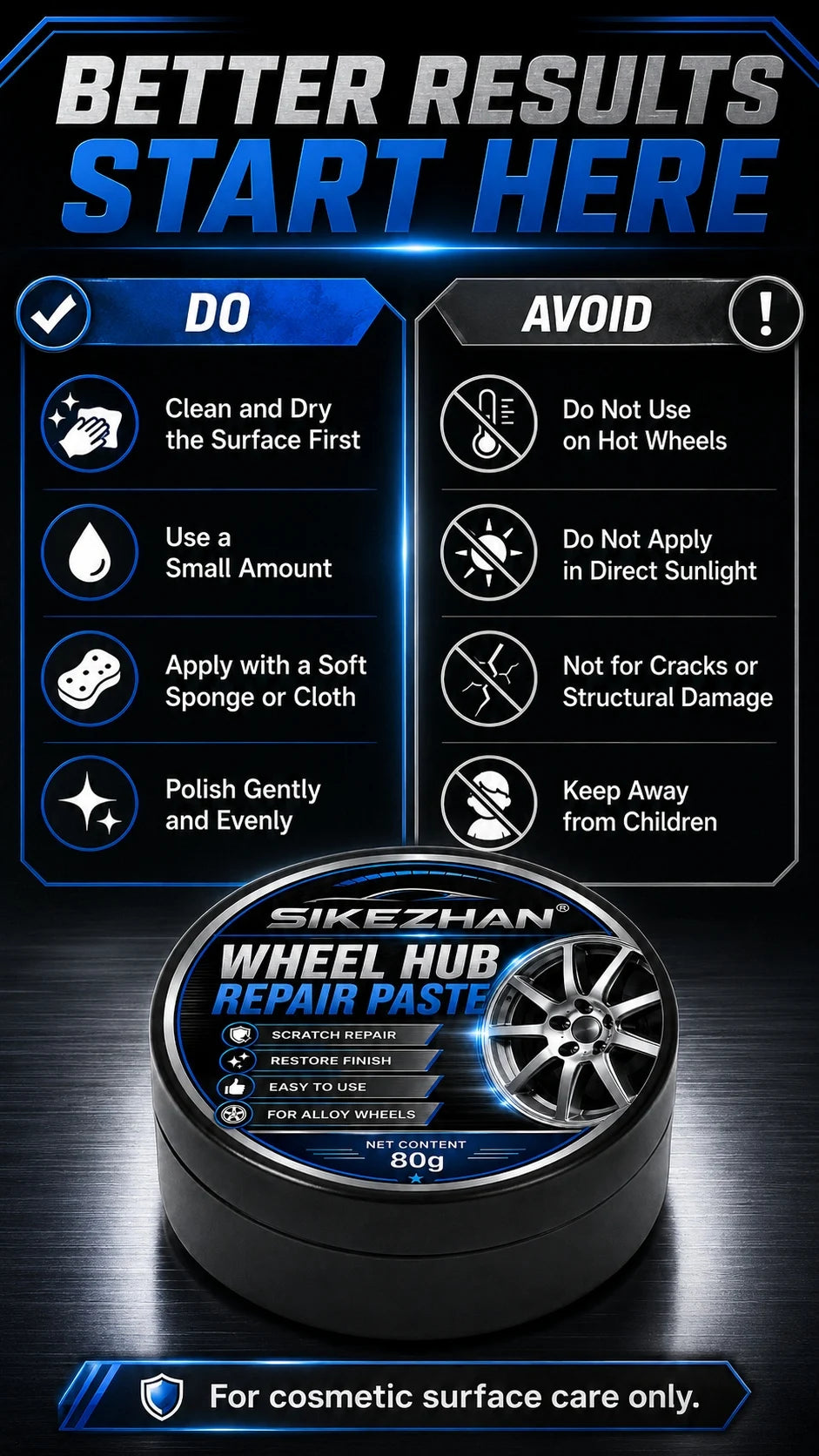 SIKEZHAN 80g Car Wheel Hub Repair Paste,Scratch & Oxidation Remover, Color Restorer and Polish Wax for Alloy Chrome Rims & Tires