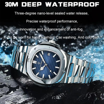 POEDAGAR Luxury Brand Men's Quartz Wristwatch Stainless Steel Waterproof Luminous Date Man Clock Square Business Watches For Men