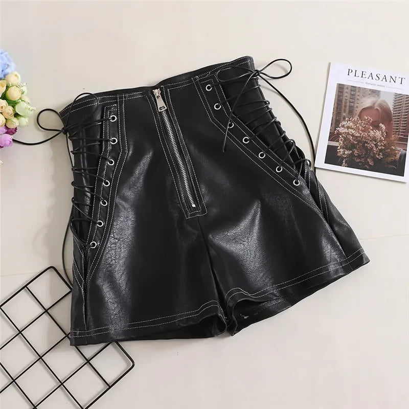 Autumn Women PU Shorts Tie High Waist Shorts Female Casual Black Shorts Ladies All Match Wide leg Shorts Short Pants