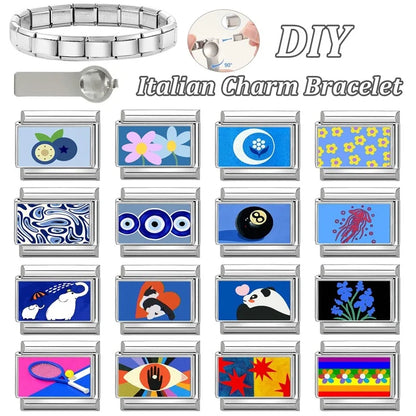 Fashion Blue NO.8 Ball Panda Elephant Cat Flower Italian Charms Fit 9mm Stainless Steel Women Fashion Bracelet DIY Jewelry Gifts
