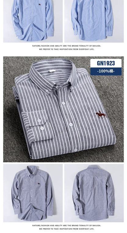 Casual cotton men's shirt slim fit horse logo bottom inch shirt Oxford spinning long sleeved striped shirt