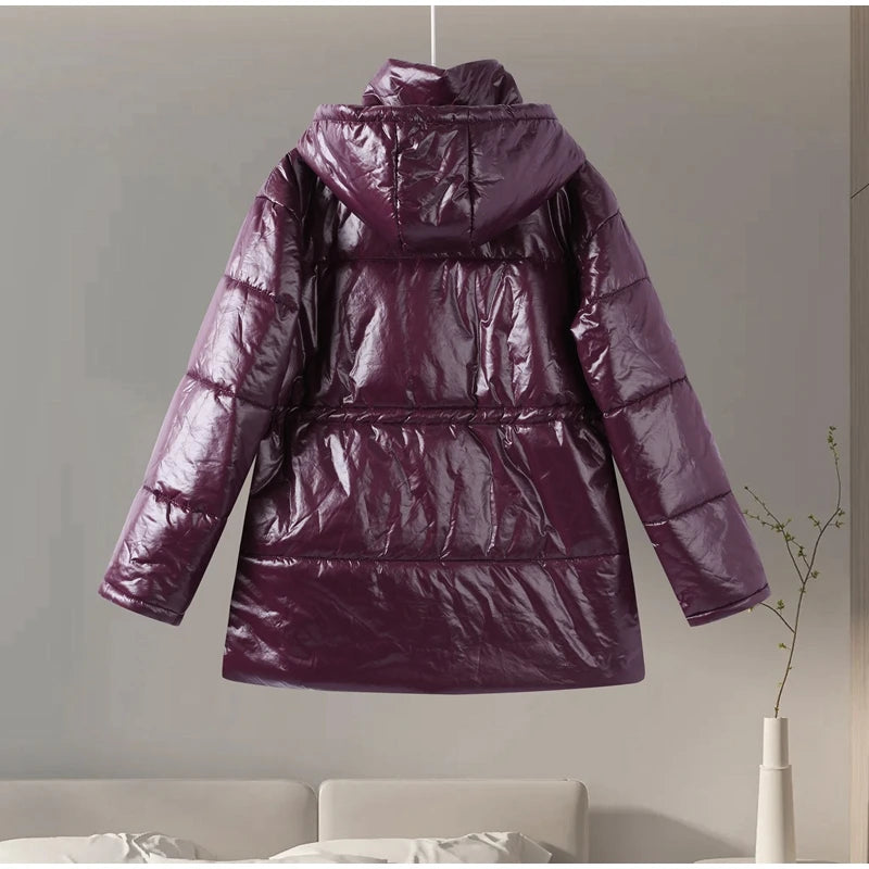 Vintage Zipper Cotton Coat Women Hooded Full Sleeve Pockets Drawstring Overcoats 2025 Winter New Lady Fashion Warm Streetwear