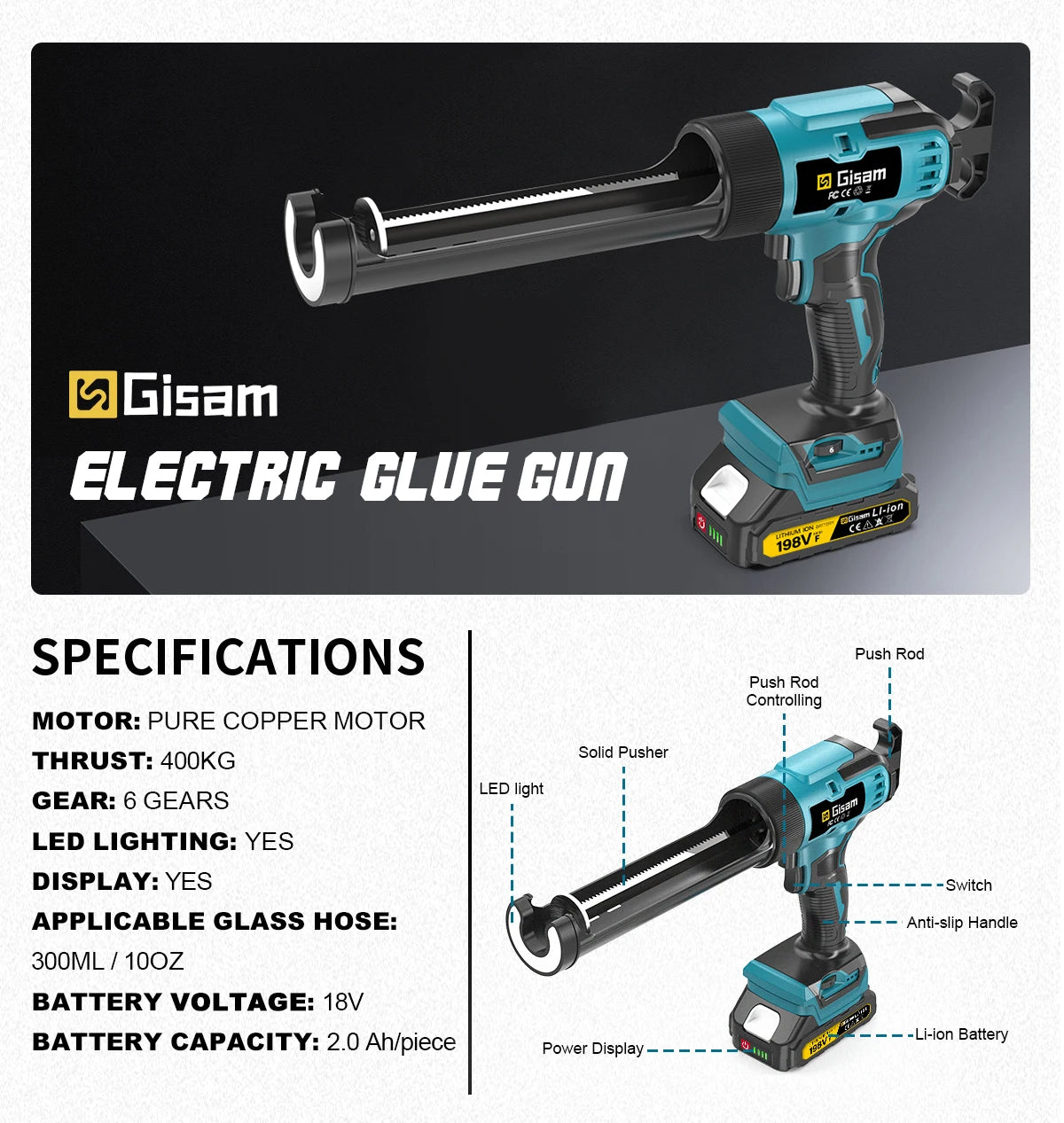 Gisam Electric Caulking Gun Glue 400KG 6Gear Cordless Glass Glue Gun Adhesive Glue Sealant Power Tool For Makita 18V Battery Pin