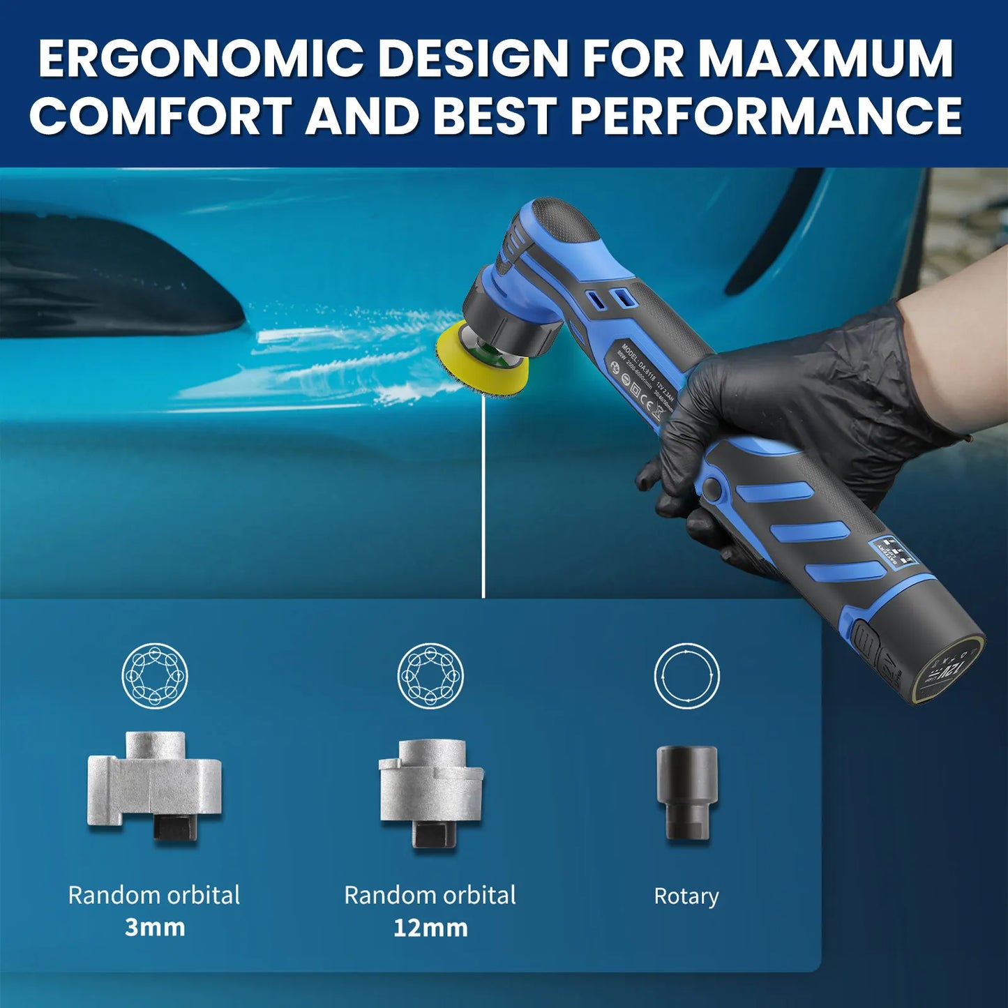 Cordless 12V Mini Car Polisher Wireless Auto Waxing Buffing Machine with 1/2/3 Inch Polishing Pads Kit for Car Detailing