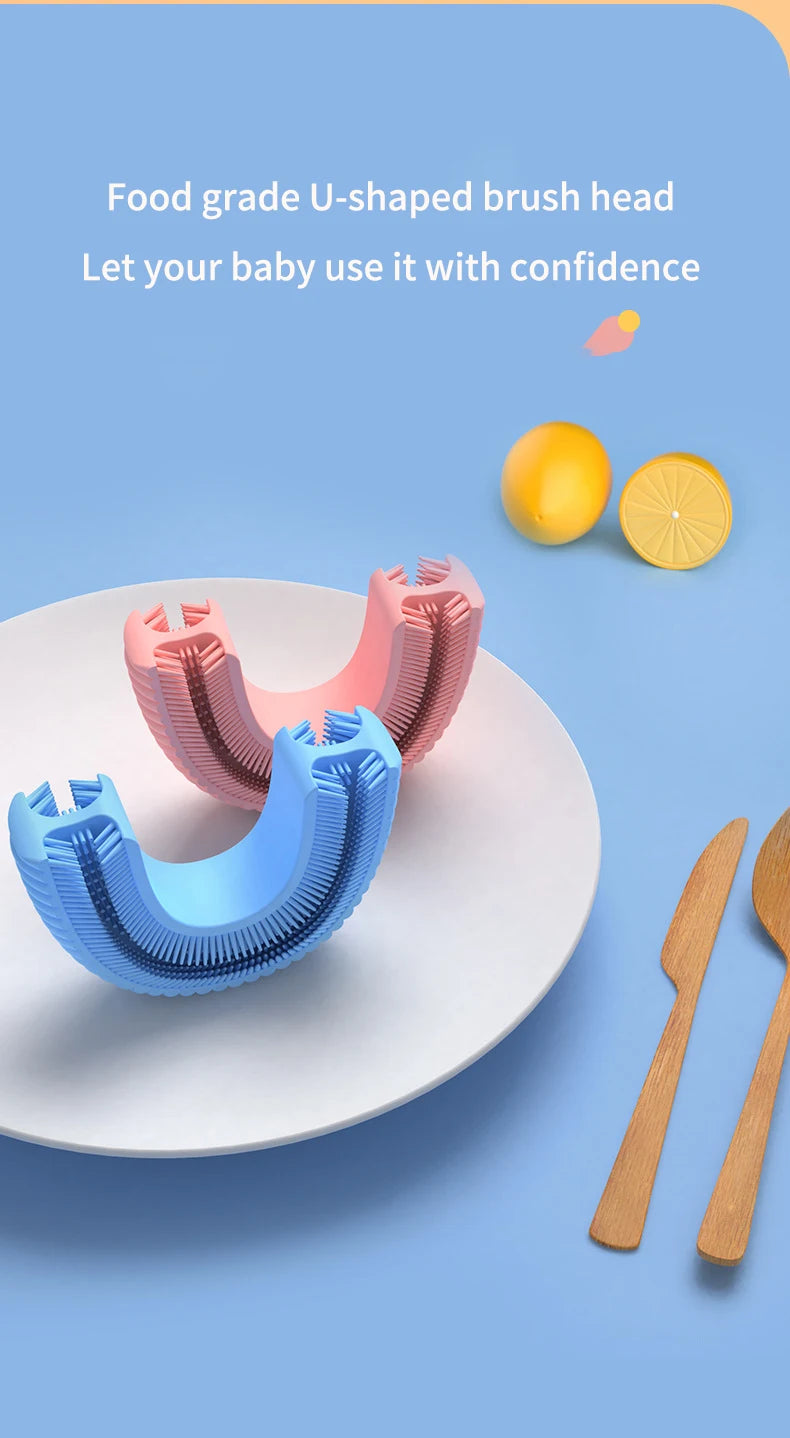 360° Sonic Electric Toothbrush U Shape Rechargeable for Kids Children Automatic Silicone Tooth Brush Smart Timer Blue Light IPX7