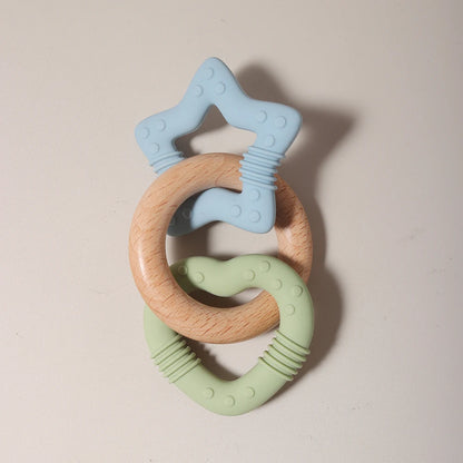 Silicone Star and Heart Teether with Teething Wooden Ring Baby Rattle Toy