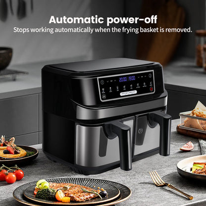 Hot Air Fryer Double Chamber 9 Litres XXL Air Fryer with 2 Independent 4.5L Drawers 8 Automatic Programmes with LED Touch Screen