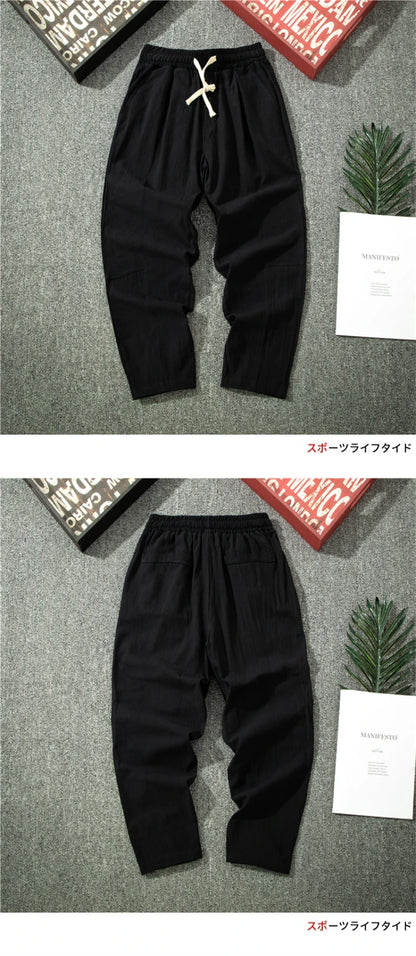 Streetwear Men Cotton Trousers Casual Solid Color Long Pants Breathable Drawstring Straight Pants Harem Pants Men Baggy Pants