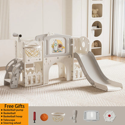 HDPE Toddler Slide 6-in-1 Indoor Outdoor Playset Kids Climber Playground with Extra Long Slide Basketball Hoop Tunnel Telescope & Steering Wheel 50kg Max Load Activity Center for Ages 1+