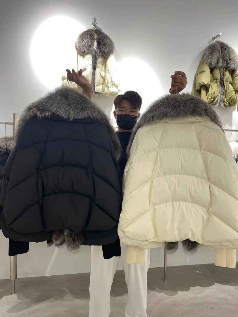 2024 Winter Women Warm Coat Oversized Real Fox Fur Collar Thick Luxury Outerwear New Fashion 90% Goose Down Jacket