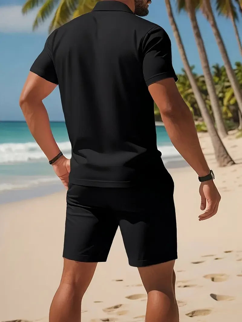 Summer Casual Versatile Fashion Short-Sleeved Button-Down Polo Shirt And Breathable Mesh Shorts Set for Men Plus Size
