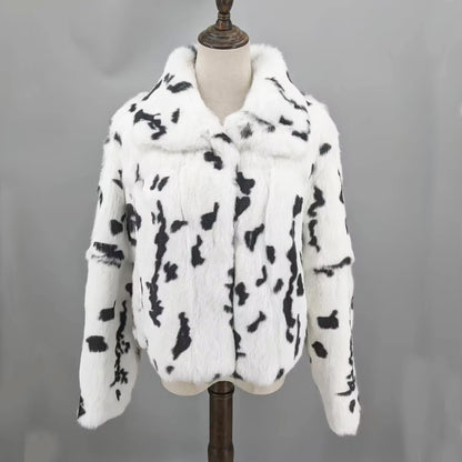 Women Real Rabbit Fur Coat High Collar Winter Jacket Make of One Rabbit Fur Cross Mink Pattern