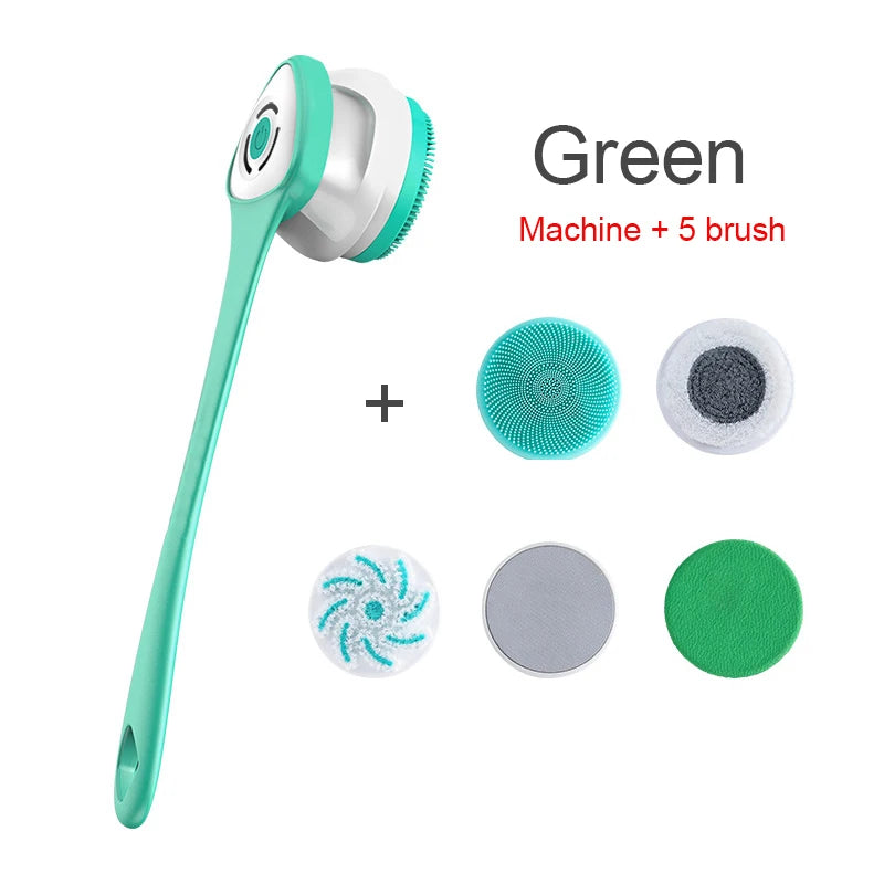 Electric Bath Brush 5-in-1 Long Handle Rechargeable Spin Body Facial Scrubber Back Rubbing Cleaning  Massage Spa Shower Brush