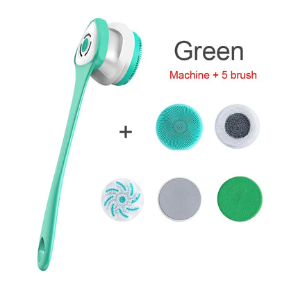 Electric Bath Brush 5-in-1 Long Handle Rechargeable Spin Body Facial Scrubber Back Rubbing Cleaning  Massage Spa Shower Brush
