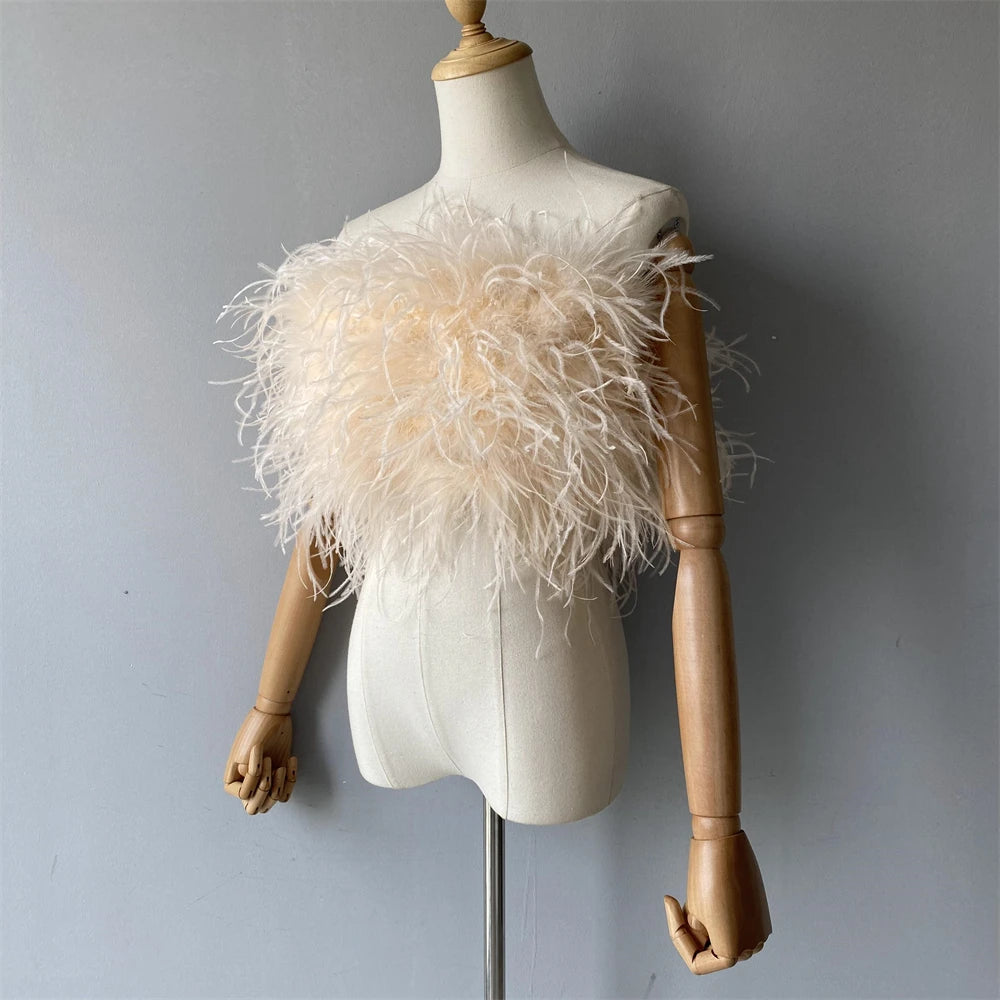 Jaxmonoy New Women Ostrich Feather Tube Spring Summer Sexy Stretch Top Bra Lady Party Wedding Fashion Sleeveless Cropped Top