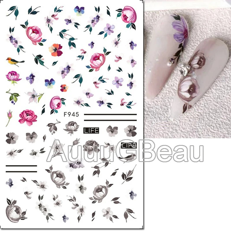 3d Nails Art Decals Spring Fruits Pink Full Tips Peony Magnolia Flowers Adhesive Sliders Stickers Decoration For Nails Manicure