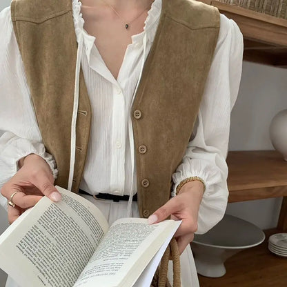 Retro Vests Women V-neck Single Breasted All-match Korean Style Spring Autumn Layering Outerwear Cozy Vintage Loose Comfortable