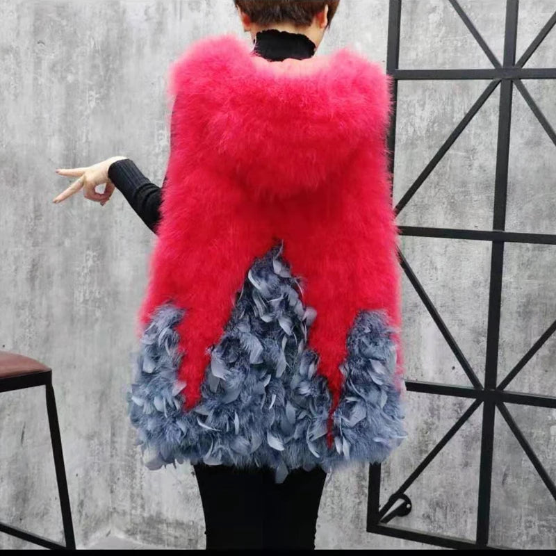New Turkey feather waistcoat with hat and big swing, medium and long fur coat can be customized