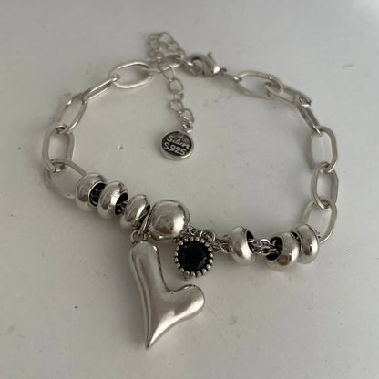 100% Solid 925 Sterling Silver Metal Bracelet for Women Vintage Handmade Simple Retro Heart Chain Bracelet Birthday Gift Party