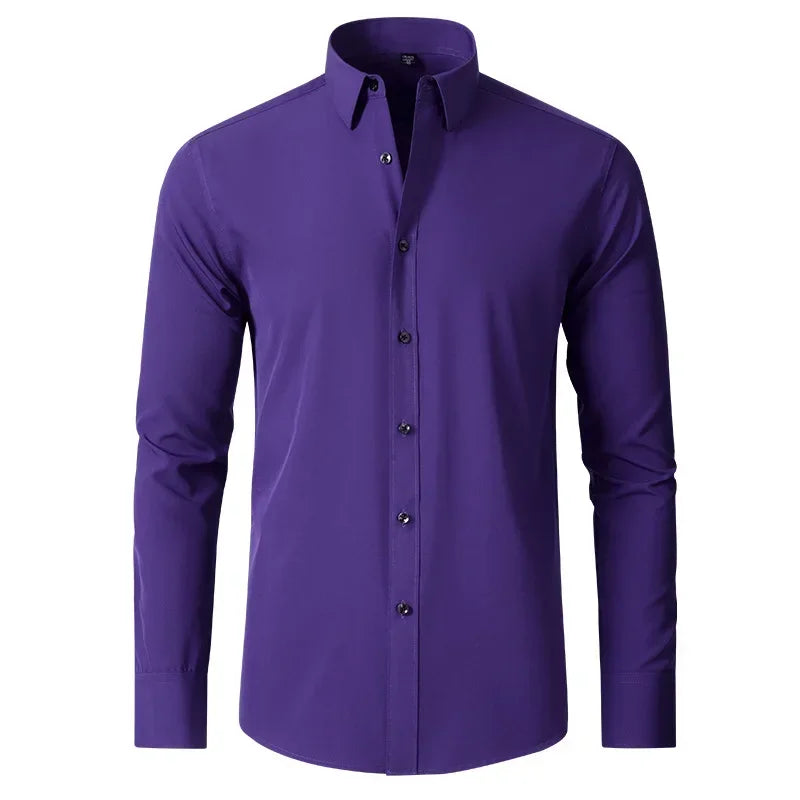 Men's long-sleeved shirt made of elastic fabric, wash-and-wear wrinkle-resistant business casual, silky smooth, pure color shirt