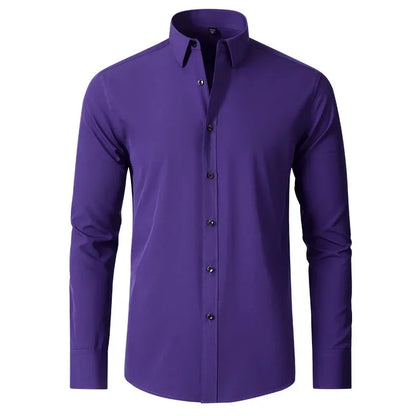 Men's long-sleeved shirt made of elastic fabric, wash-and-wear wrinkle-resistant business casual, silky smooth, pure color shirt