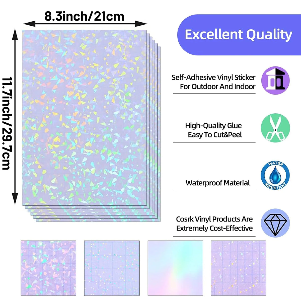 20 Sheets 6 Style A4 Holographic Cold Laminating Film Clear Waterproof Self-Adhesive Vinyl Sticker Paper 8.3x11.7 Inch