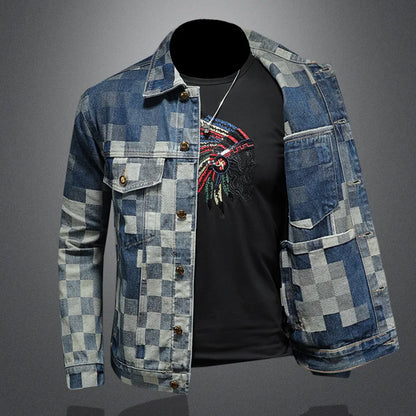 2025 Autumn Vintage Checkered Denim Jacket for Men Flip Collar Single Breasted Casual Business Jacket Social Street Wear Jeans