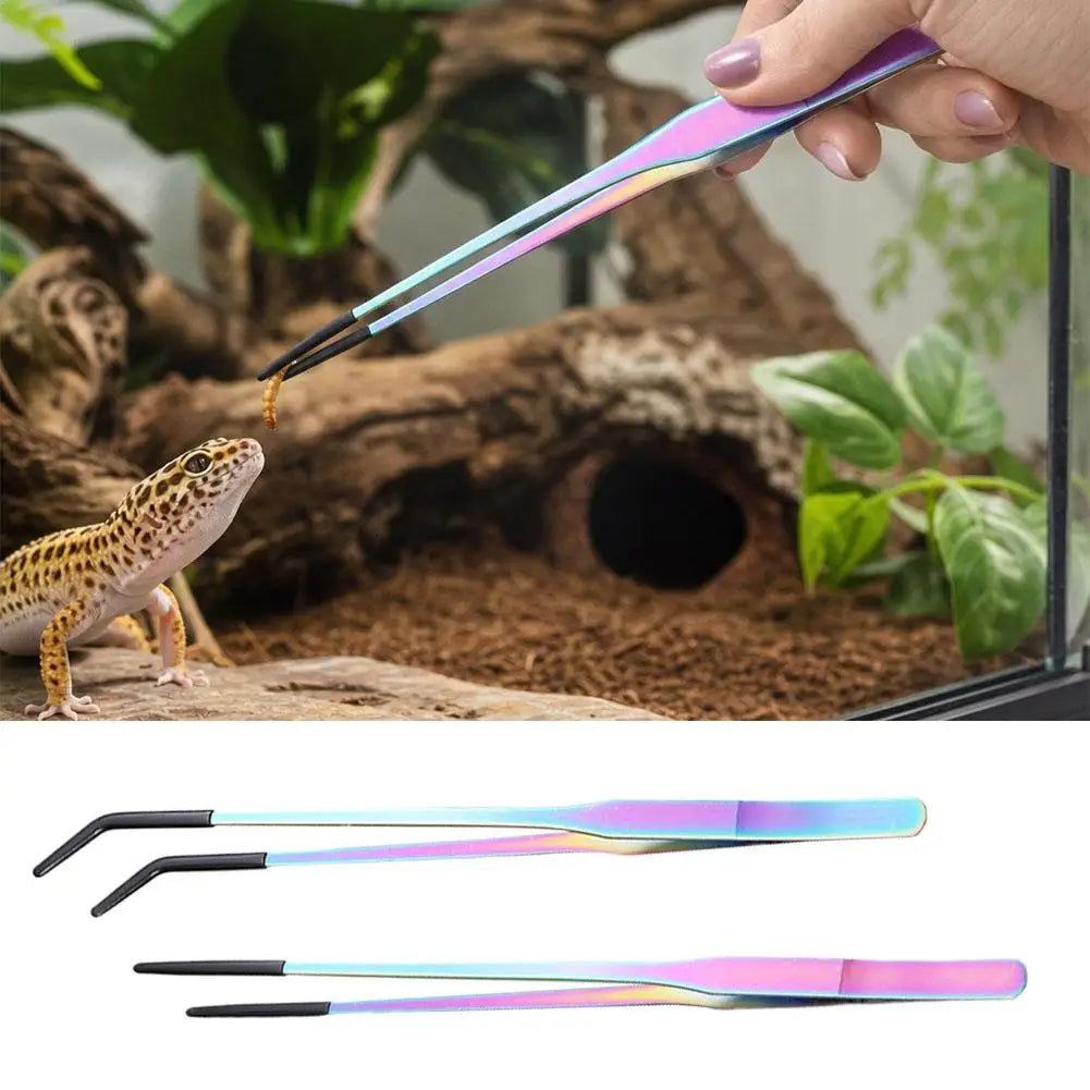 2PCS Stainless Steel Reptile Feeding Tongs with Rubber Tip Terrarium Tank Supplies Straight and Curved Tweezers Accessories