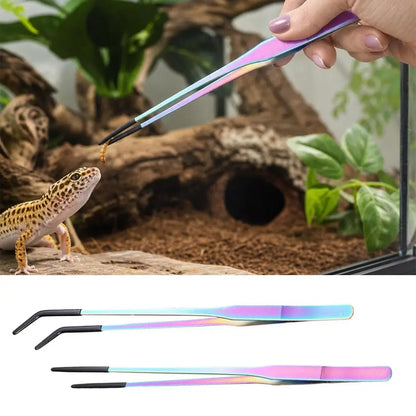 2PCS Stainless Steel Reptile Feeding Tongs with Rubber Tip Terrarium Tank Supplies Straight and Curved Tweezers Accessories
