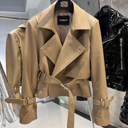 YOLOAgain 2025 Autumn Elegant Real Leather Jacket Coat Women Oversized Leather Jacket With Belt
