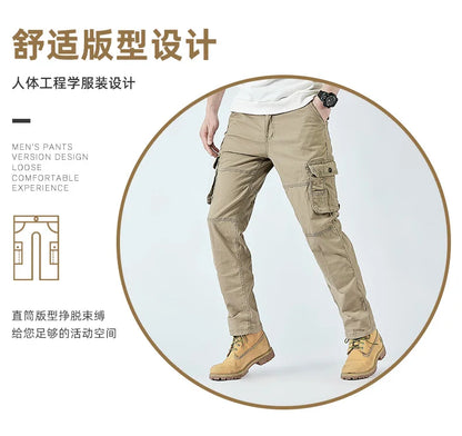 2026 Men's Cargo Pants Straight Leg Cotton Stretch Tactical Trouser Male Military Outdoor Camping Fishing Casual Work Wear Khaki