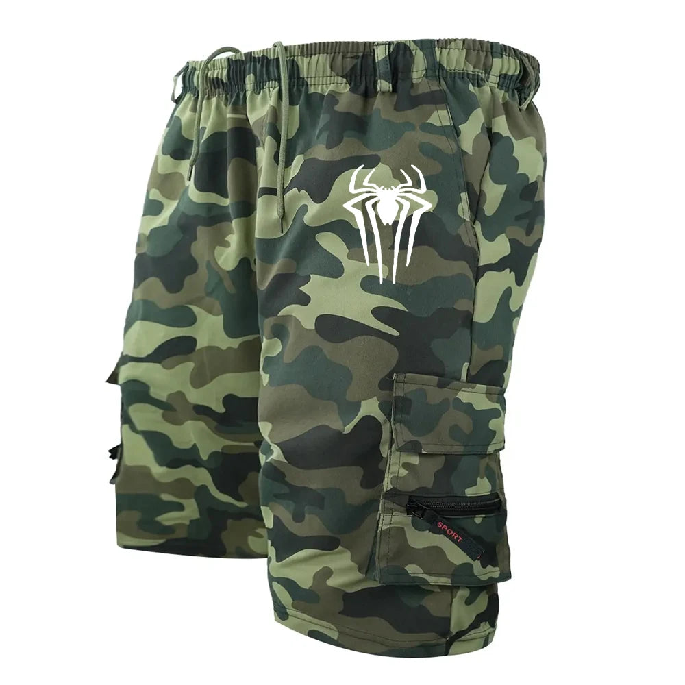 Men's Spider Print Cargo Shorts Male Outdoor Overalls Elastic Waist Cycling Shorts Multi-pockets Loose Work Beach Sports Shorts