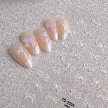 1pcs 5D White Lace Bowknot Nail Art Sticker Sweet Pearl  Bow Ribbon Self-Adhesive Nail Slider DIY Luxury Nail Decorations Decals