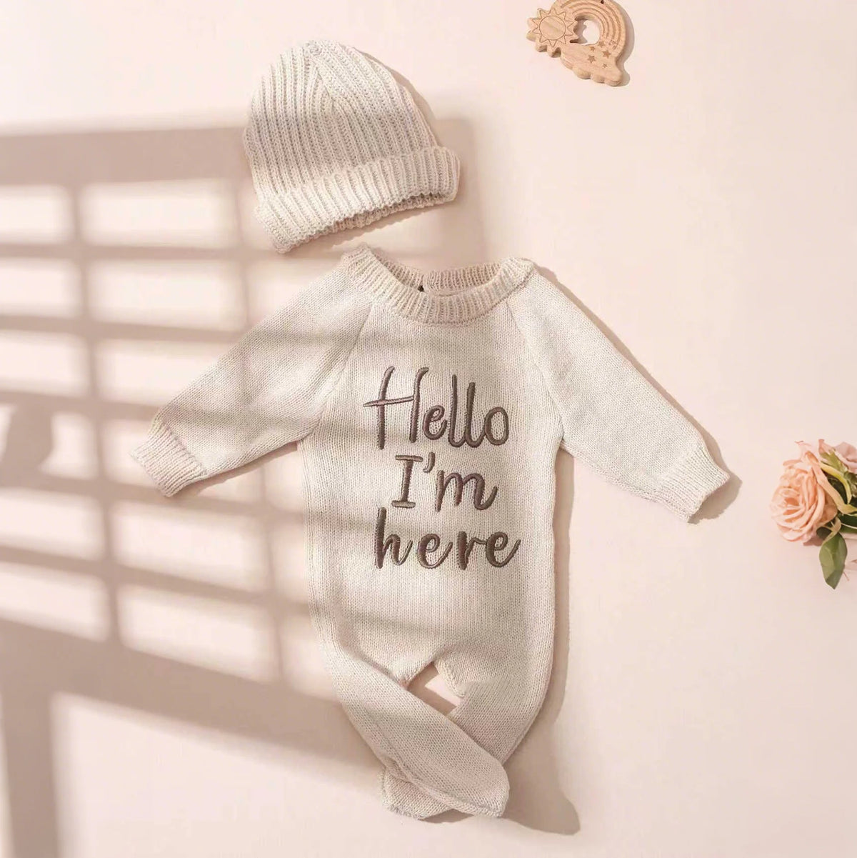 Ylsteed "Hello" Embroidery Knitting Newborn Birth Announcement Outfits Footed Jumpsuit Baby Boy Girl Photography Props Newborn