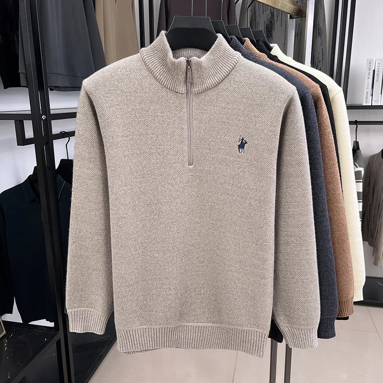 High quality half zipper knitted sweater men fashion luxury brand embroidery designer new top plush warm thick casual men's wear