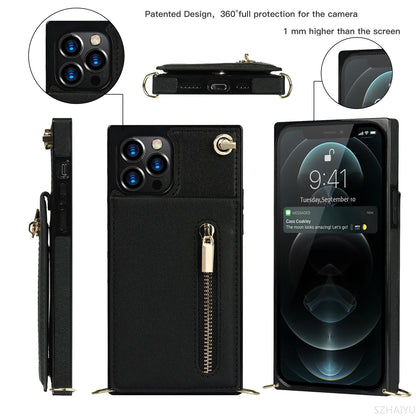 Zipper Wallet for IPhone 17 Air 16 16E 15 14 13 12 11 Pro Max Plus Case with Card Holder Lanyard Strap Crossbody Leather Cover