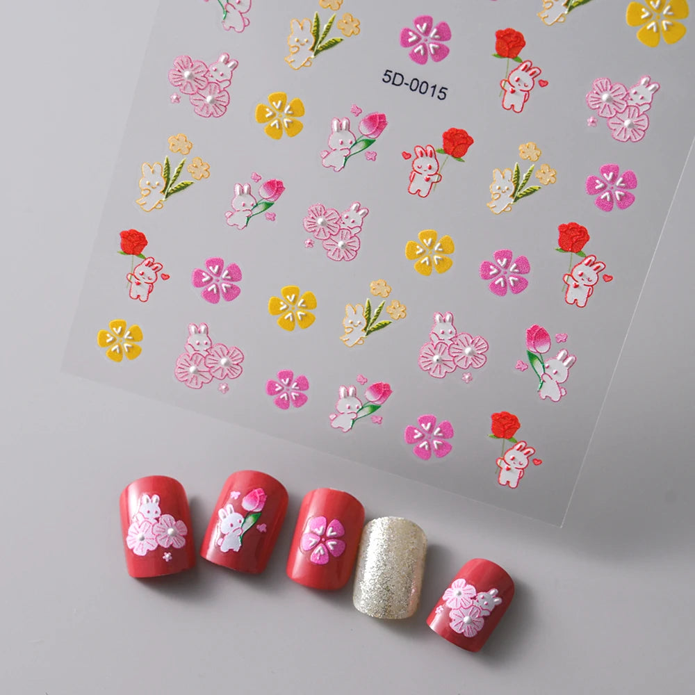 1PC 5D Macaron Flower/Fruit Nail Charms Sticker Embossed Bear/Rabbit/Letter Nails Slider Decals Summer Adhesive Manicure Decor&Y
