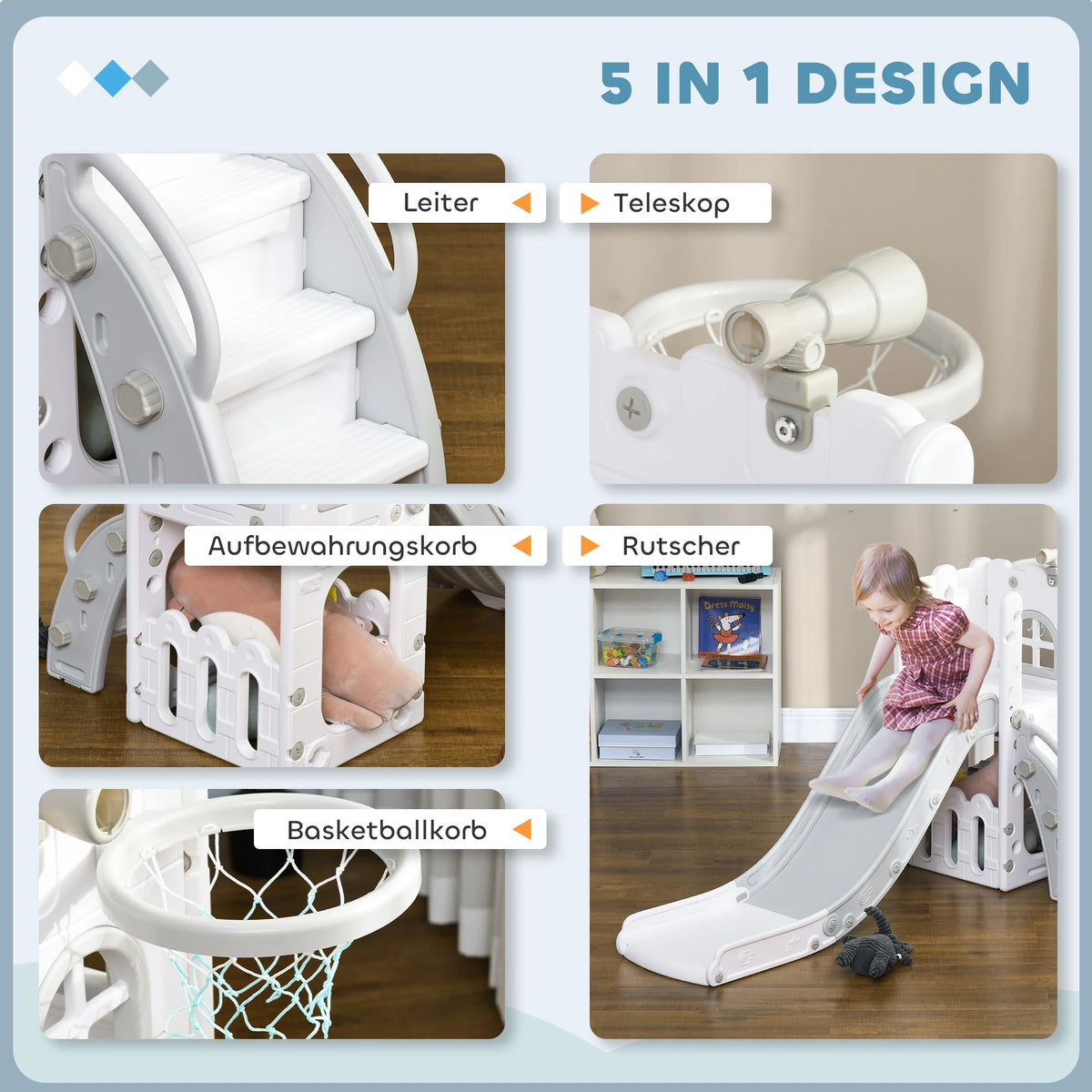 Children's Slide, 5 in 1, Toddler Slide with Basketball Hoop, Telescopic Climbing Frame Gray 70 X 177 X 92 cm, Children's Toy Slide, Toy Slide, Outdoor Slide