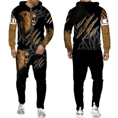 Spring and Autumn Men's Tracksuit 3D The Lion Print Zipper Hoodies Sweatshirts Pants Sets Casual Mens Clothing Women's Tracksuit