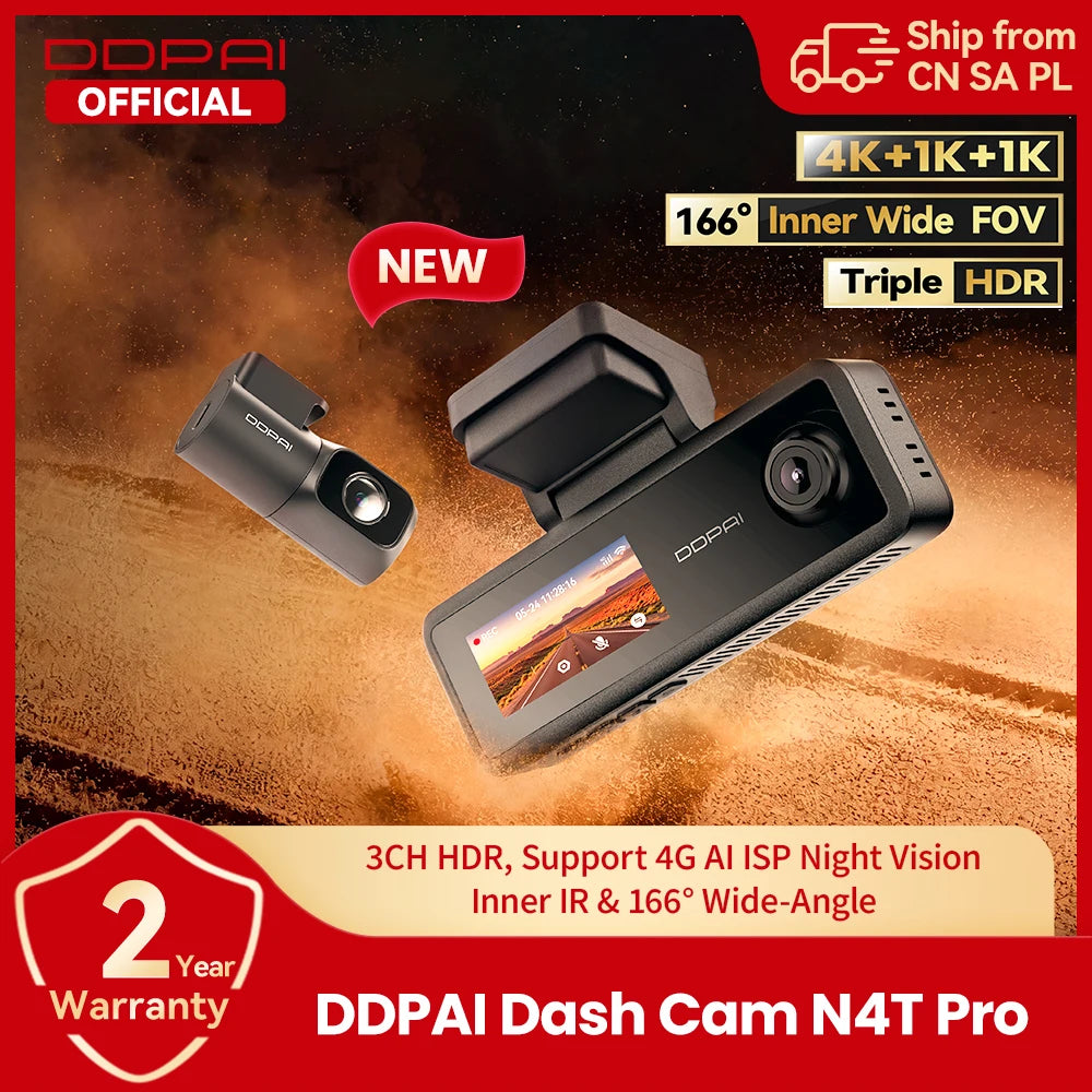 【New】DDPAI N4T Pro Dash Cam 3-Channel HDR 4K+1080P+1080P Front Rear Interior Night Vision ADAS DVR Support 4G Parking Monitoring