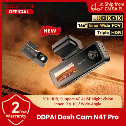 【New】DDPAI N4T Pro Dash Cam 3-Channel HDR 4K+1080P+1080P Front Rear Interior Night Vision ADAS DVR Support 4G Parking Monitoring