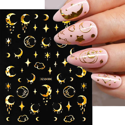 12Pcs 3D Gold Star Moon Sun Nail Stickers 10*8cm Y2K Starlight Self-adhesive Nail Decals Snake Cat Slider DIY Manicure Accessory