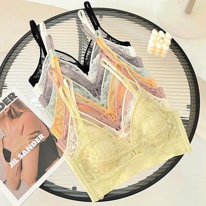 Sexy Lace Crop Top Deep V Backless Camisole Hollow Mesh Bra Female Solid Color Seamless Underwear Removable Chest Pad Tank Top